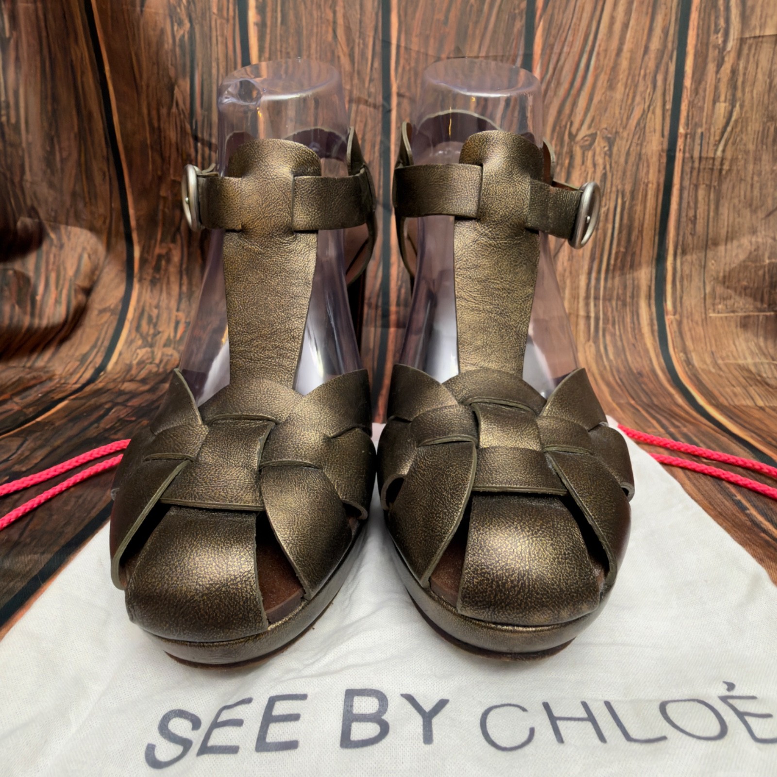 See by Chloé Metallic Bronze Woven Leather Platform Sandals Size 40 T-Strap