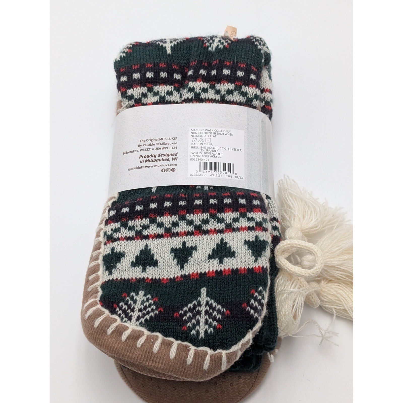 LUK-EES Slipper Socks Womens S/M Green Fair Isle Muk Luks Knit Tassel Cabin Cozy