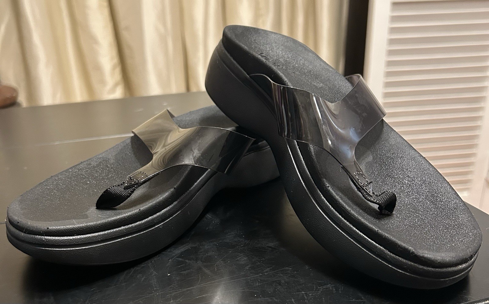 Women’s Black Platform Vionic Flipflop Sandals with Transparent Strap