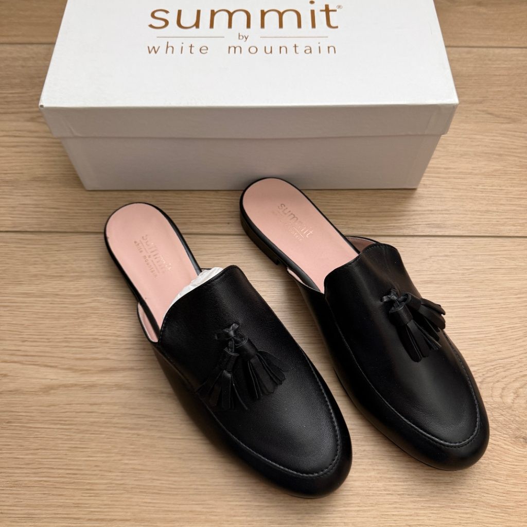 Summit by White Mountain Black Leather Tassel Loafer Mules Slip-On Womens Slides