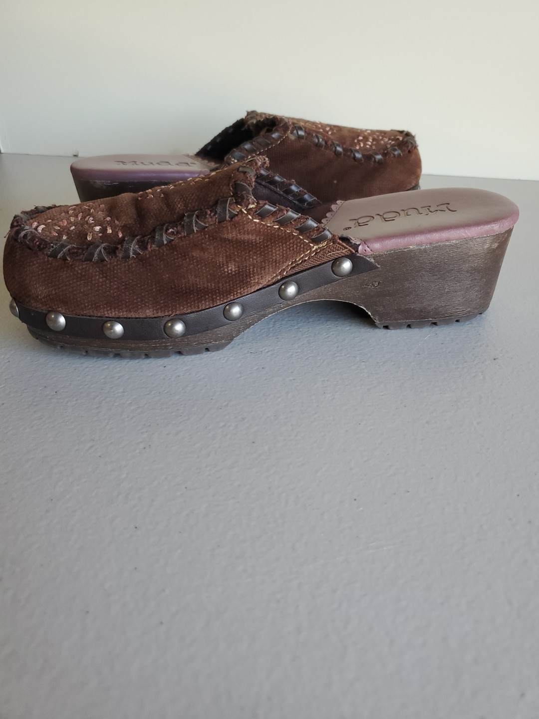 Vintage MUDD Slip-on Clogs Size 6 Wood Leather Cloth Stitch Studs Brown y2k 90s