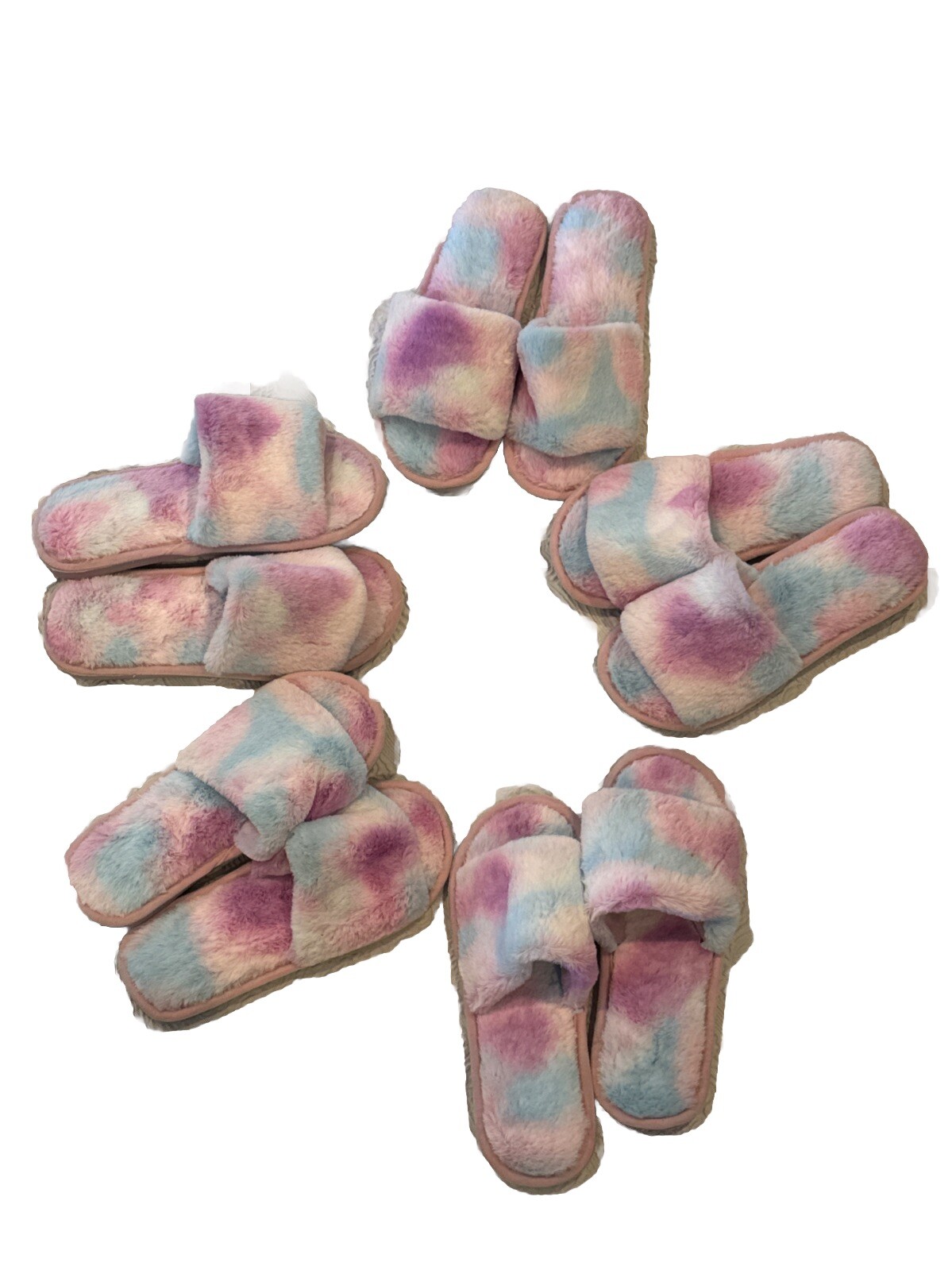 BEARPAW Faux Fur Slide-Rainbow Woman’s Tie Dye Size US 10 Fuzzy Slippers New