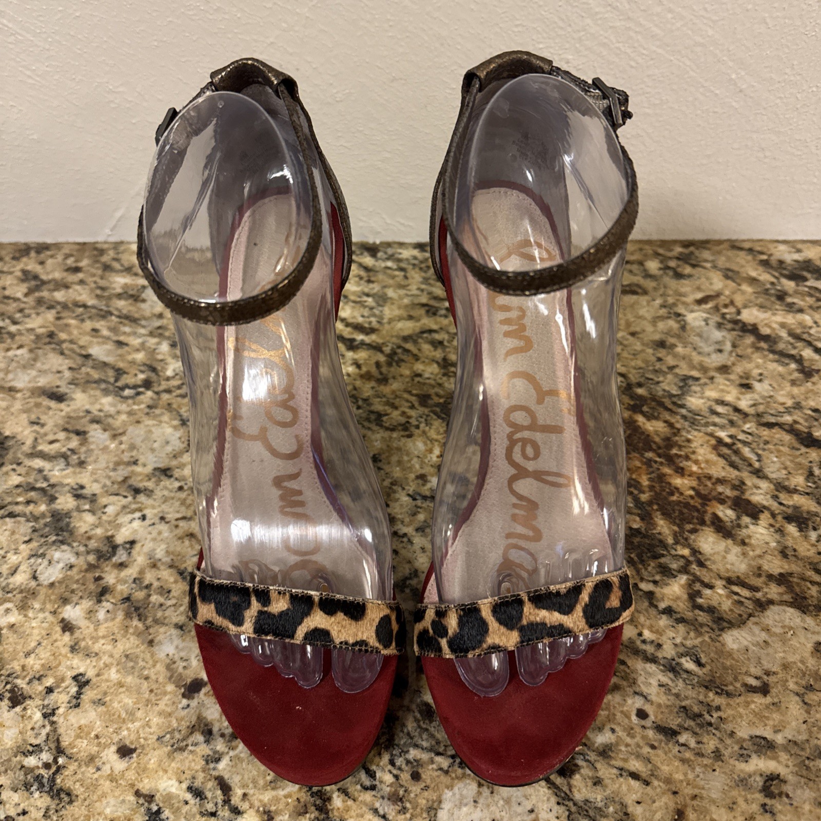 Sam Edelman Eleanor Animal Print Size 8 M Red Gold Ankle Strap Heels Shoes