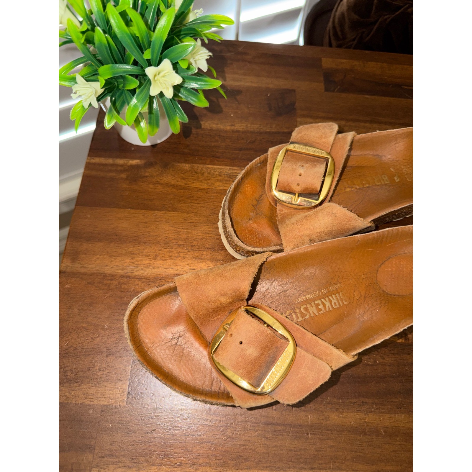 Birkenstock Madrid Big Buckle Cognac Leather Slide Sandals Gold Buckle Size 38