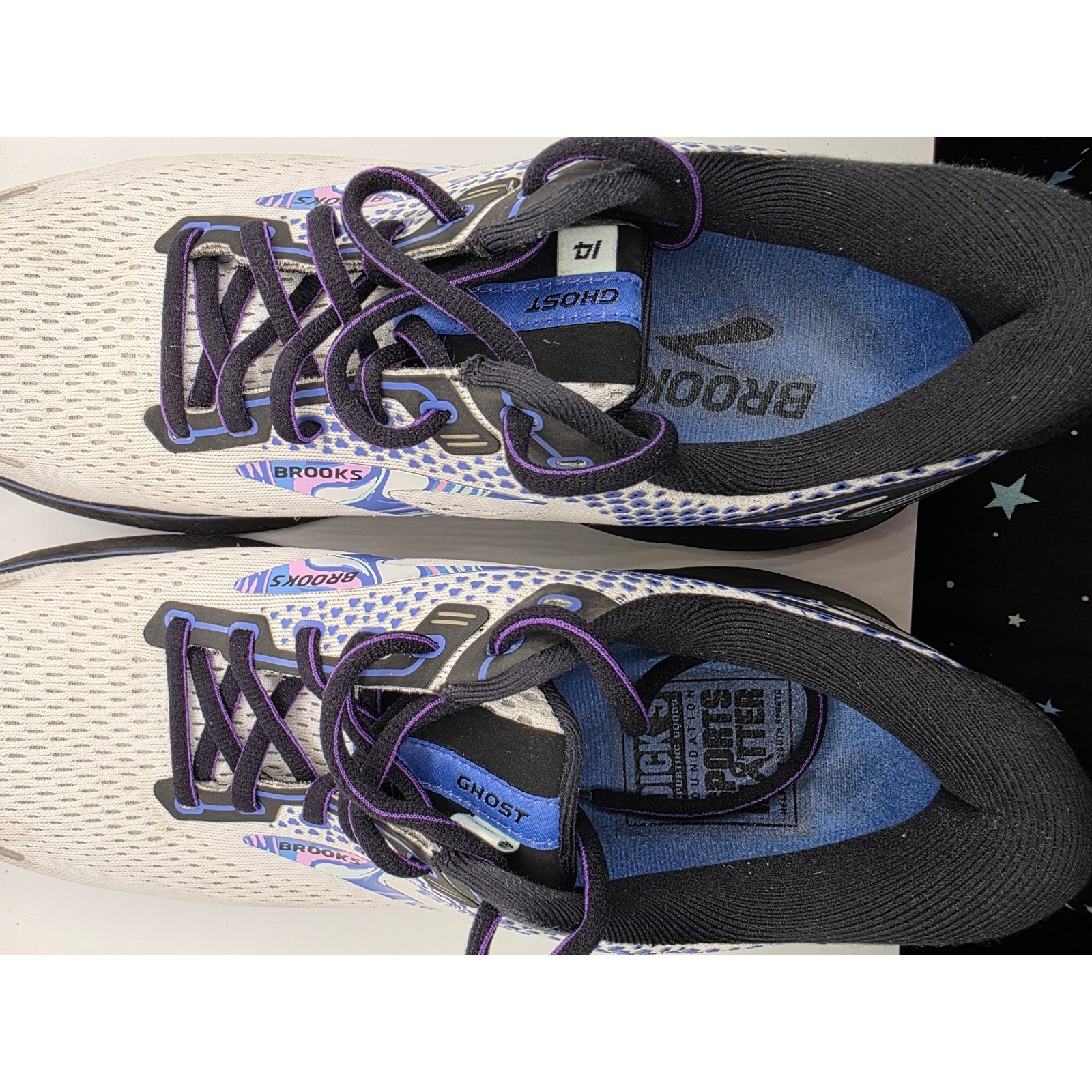 Brooks Ghost 14 WomensRunning Shoes White PurpleBlueMarbled 1103691D145 Size 9.5