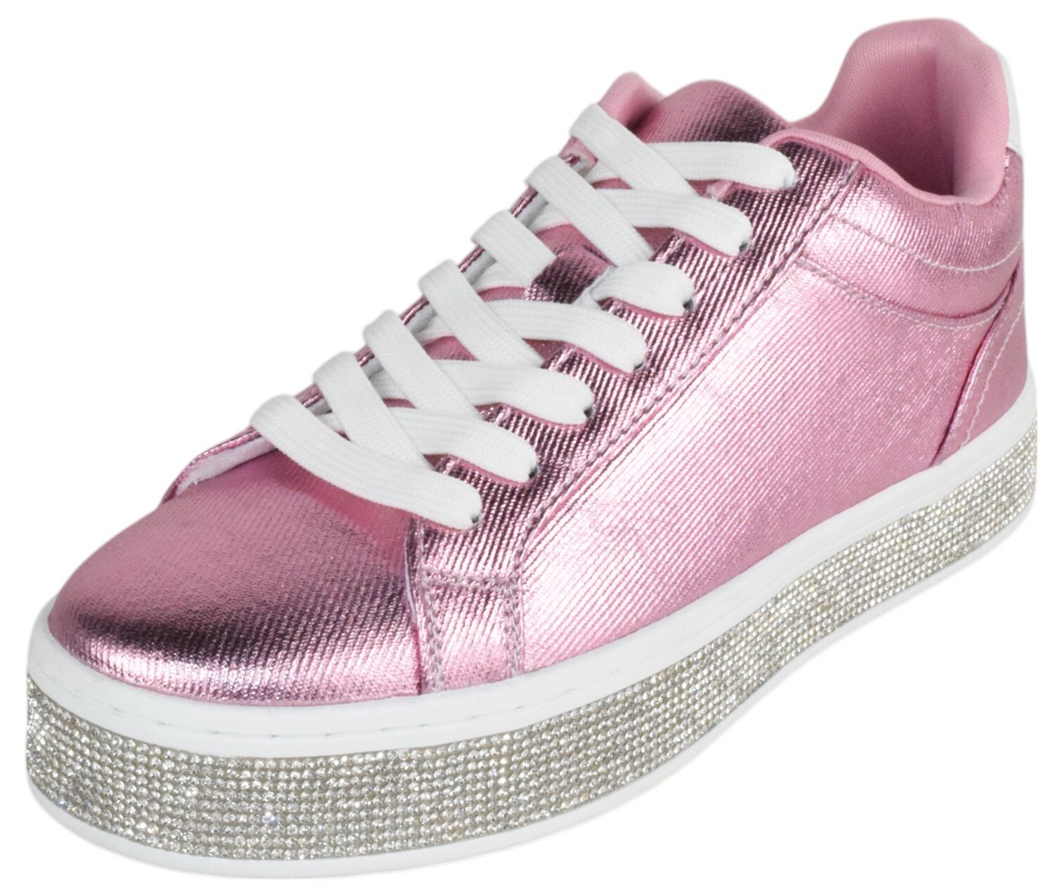 Top Moda Women Flat Platform Sneakers Crystals Rhinestone Bling Lace AERIE Pink