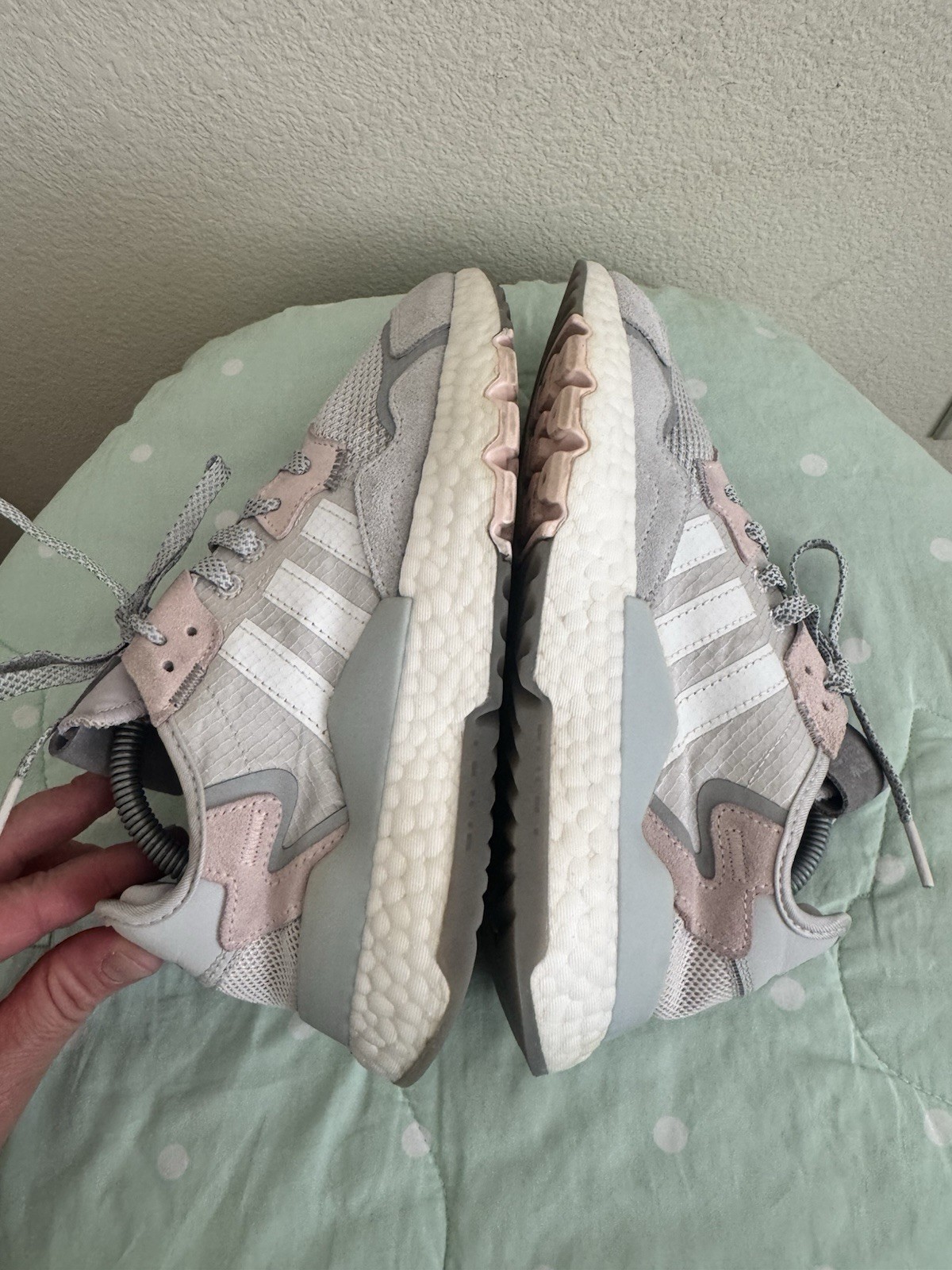 Adidas Nite Jogger Boost Grey One/Cloud White/Pink Tint Mesh Sneakers size 6