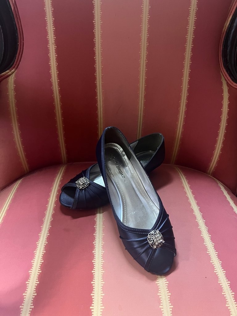 David’s Bridal Navy Peep-Toe Flats with Rhinestone Detail