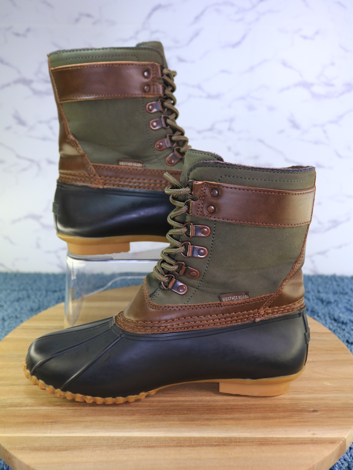 JBU Calgary Brown Green Black Lace Up Mid Calf Duck Work Rain Boot Women Sz 6.5M