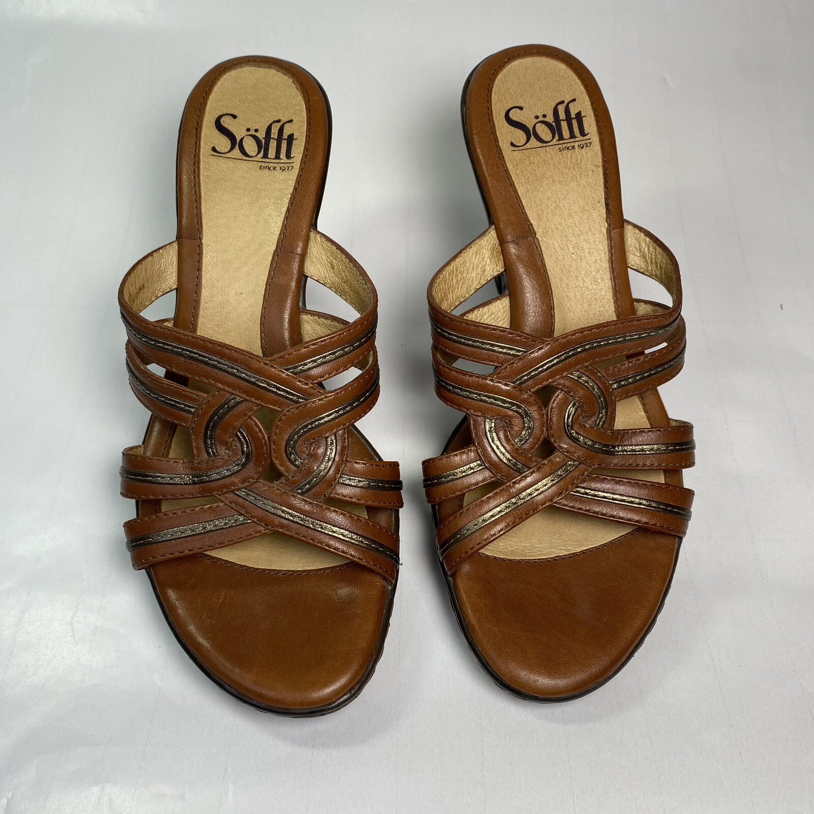 Sofft Leather Sandals Braided Slide Brown Heeled 3.5 in Heels Women’s Size 6