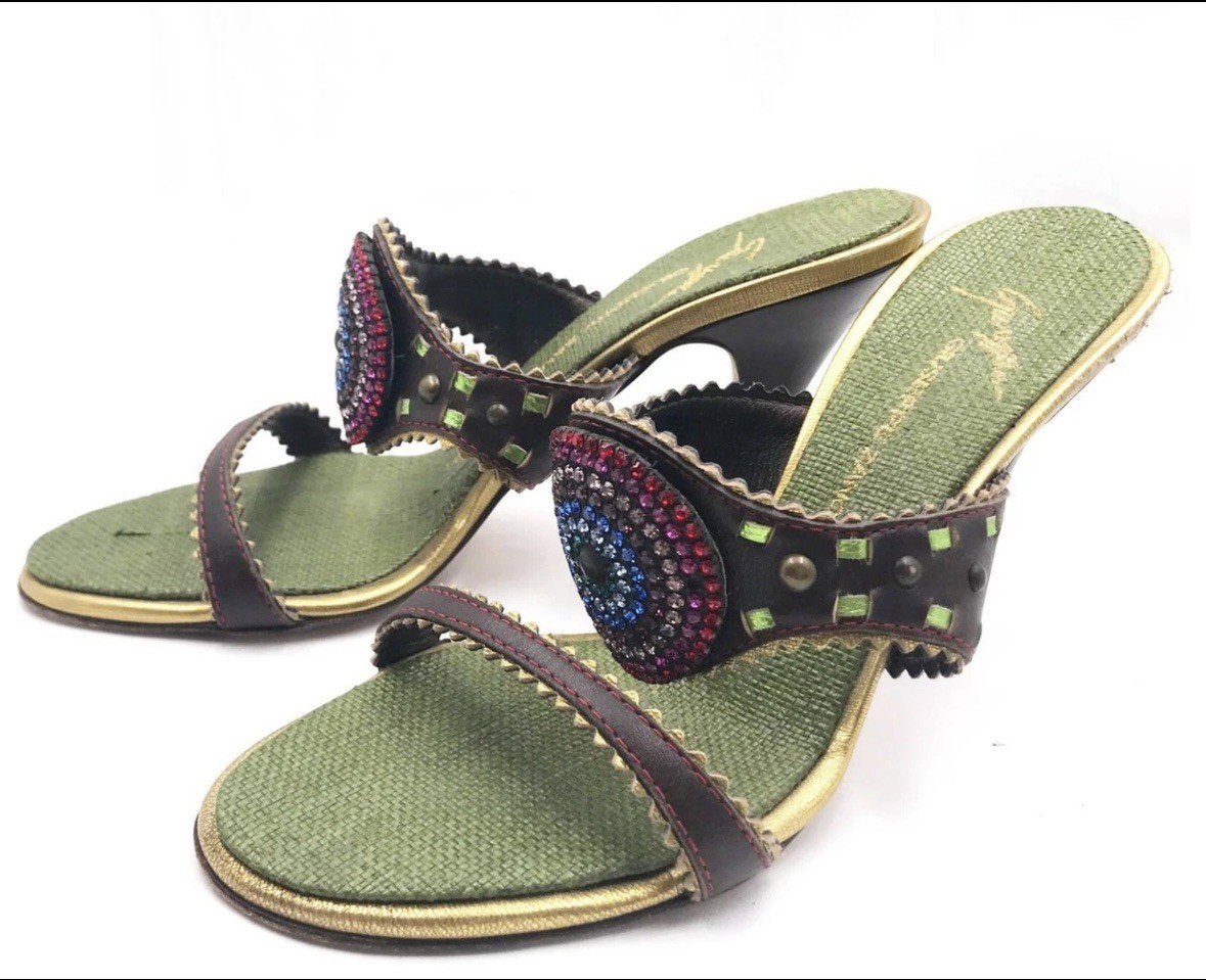 Giuseppe Zanotti Crystal Green Brown Multi Color Sandals Heels 8