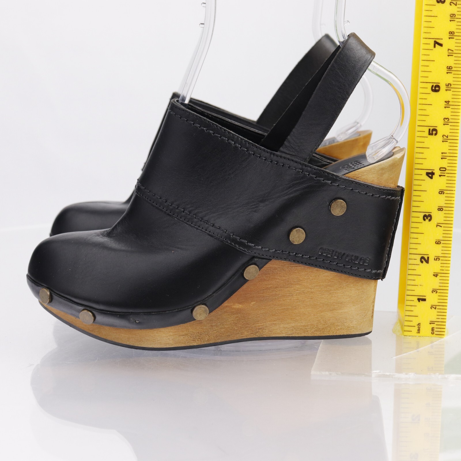 See By Chloe Womens Pump Size 39 9 Black Leather Studded Wooden Wedge Clog Sling