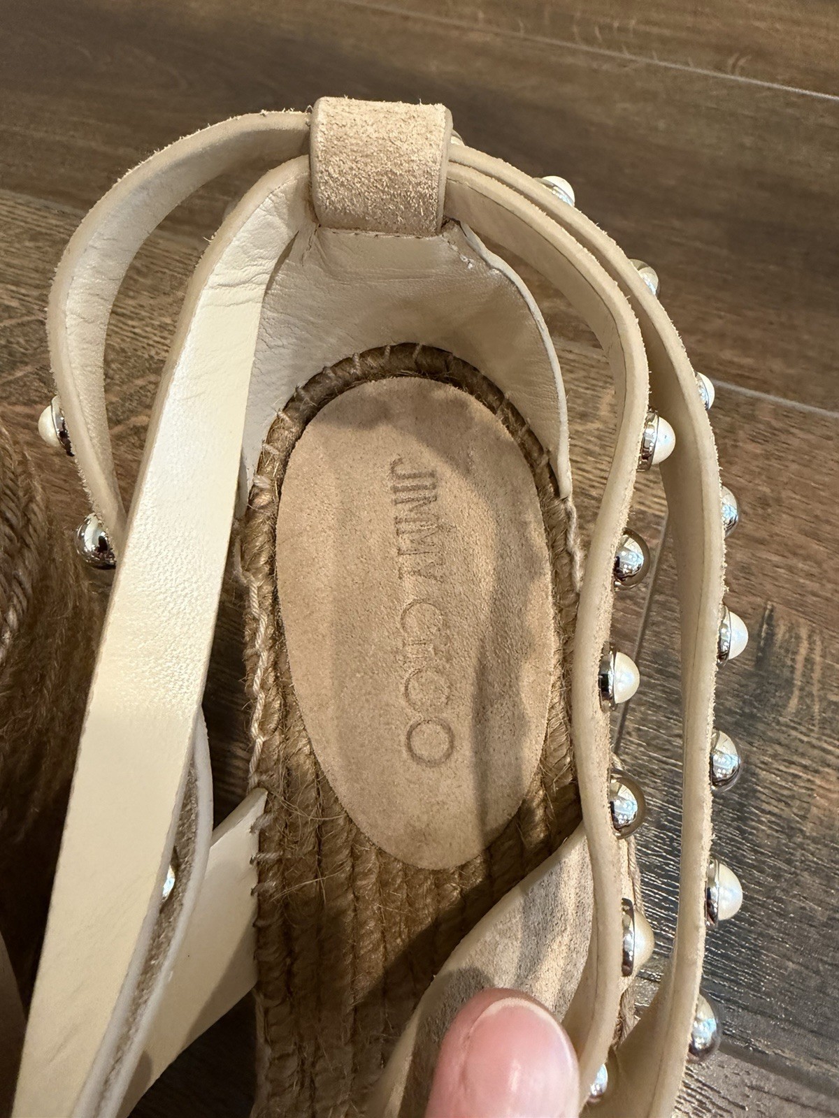 NEW! Jimmy Choo Women’s Suede Light Brown Pearl & Silver Studded Wedges Size 40
