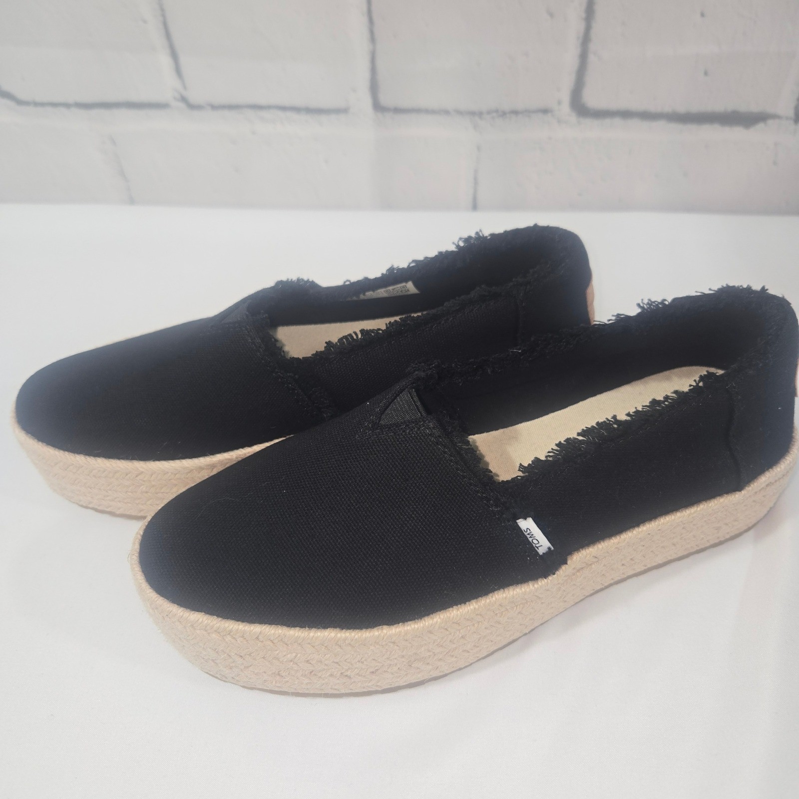 TOMS Alpargata Mallow Black Canvas Frayed Platform Espadrille Shoes Womens 6