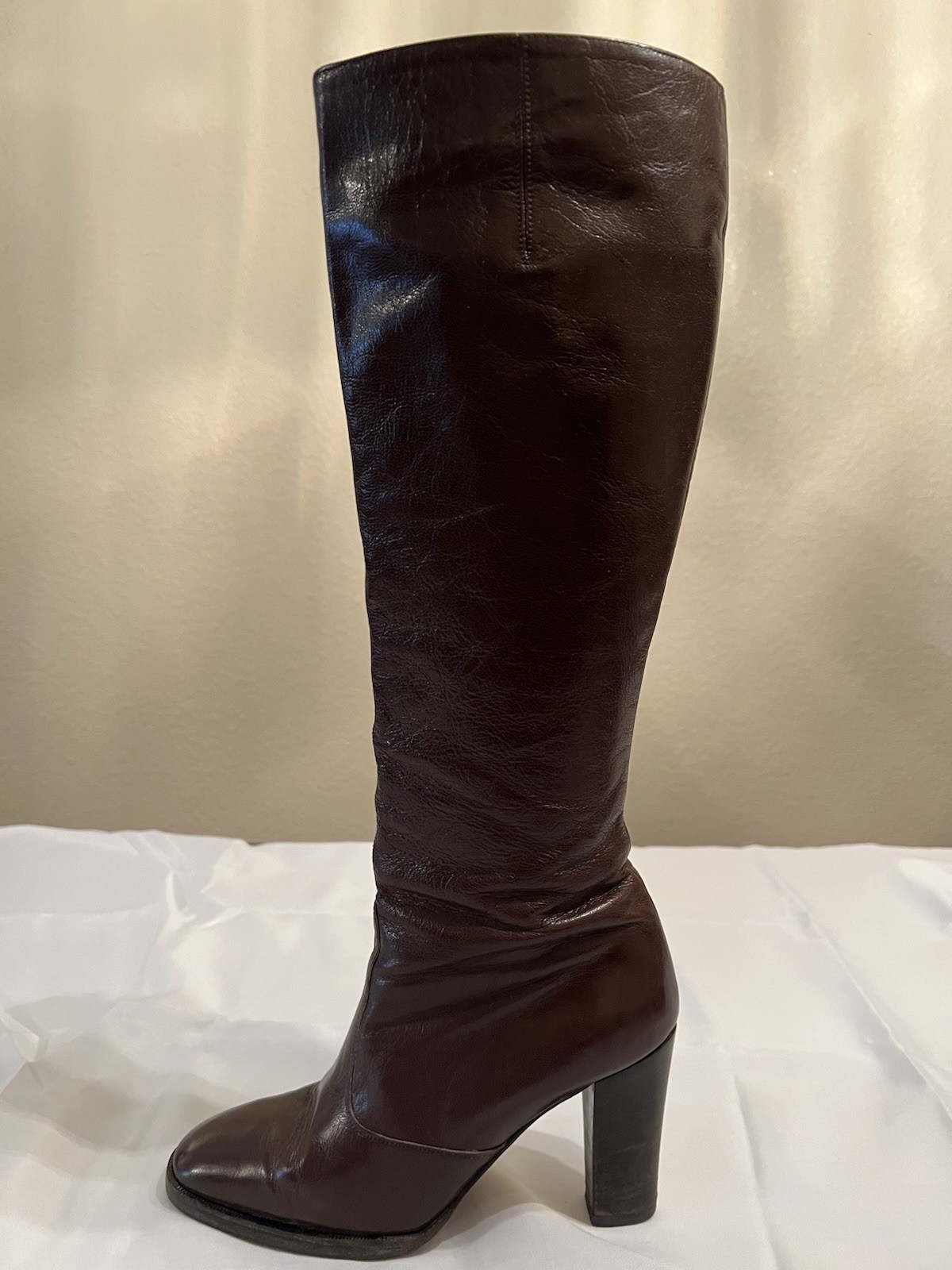 70s Vintage Halston Brown Leather Knee High Boots Womens 7M Block Heel Zip Italy