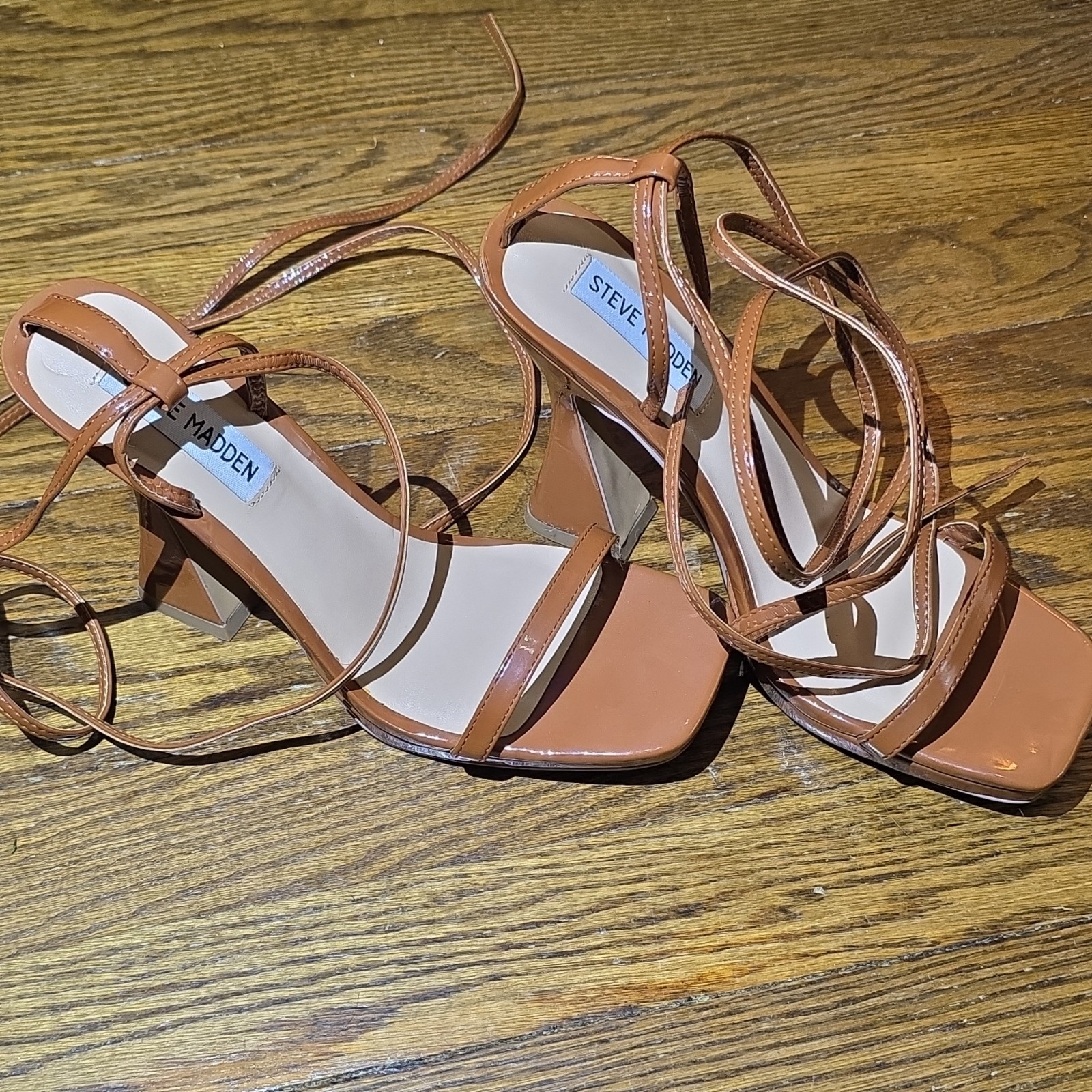 Steve Madden Brown Strappy Lace-Up Ankle Strap Square Toe Block Heel