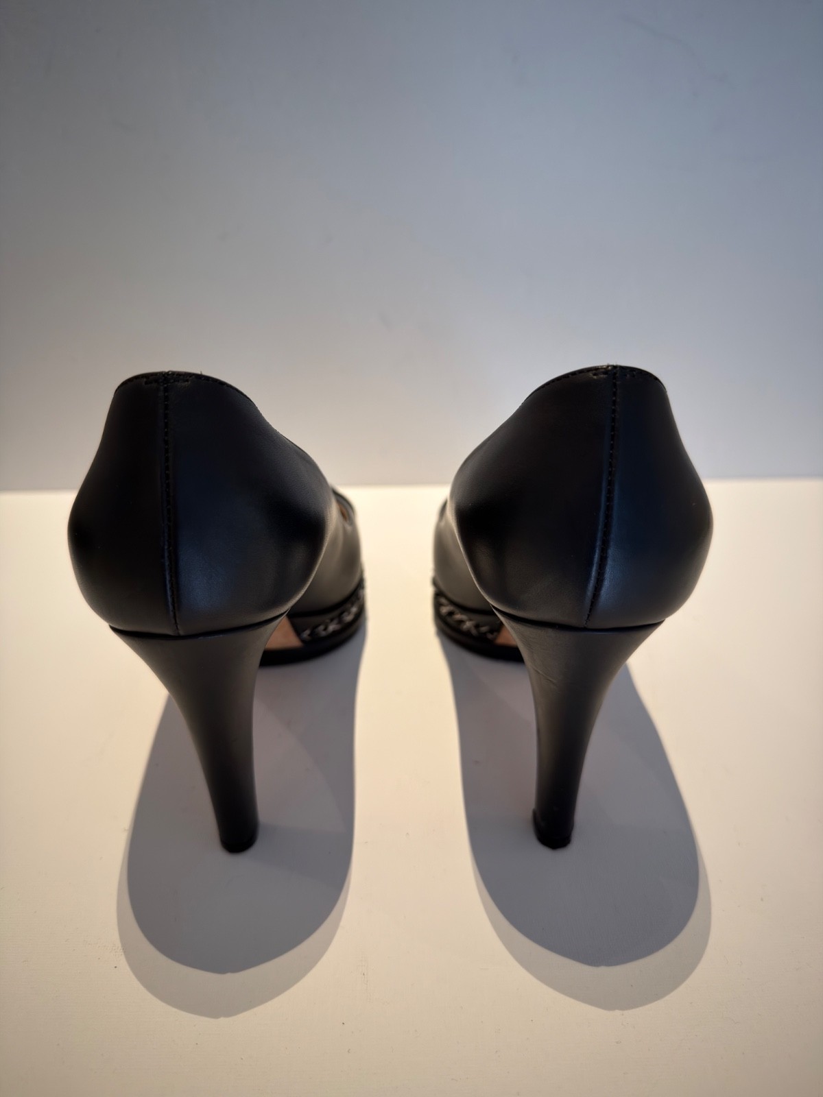 CHANEL Black Cap Toe Leather Pump Heels CC Logo Slip-On Women 7.5