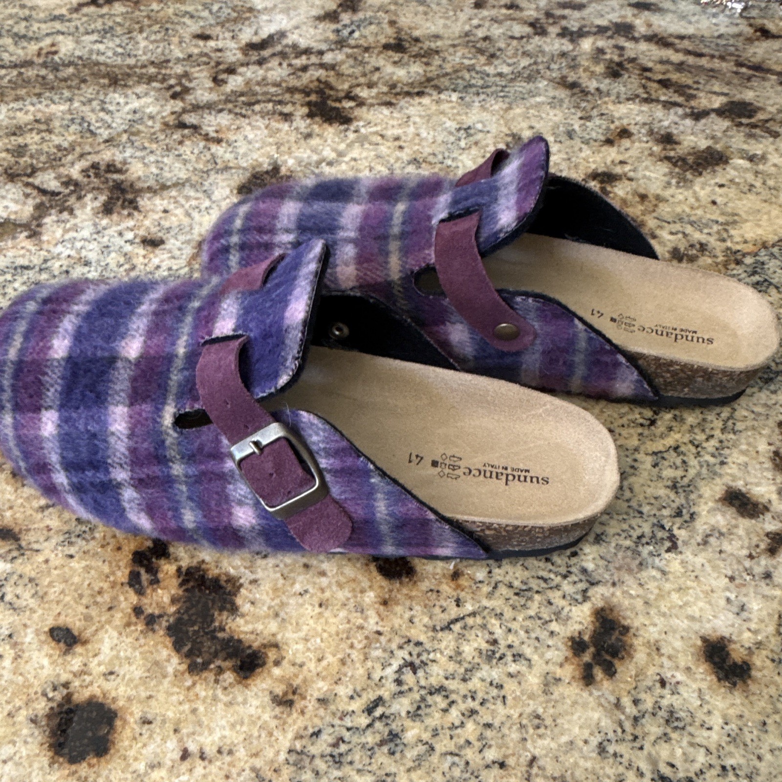 New Sundance Women’s Purple Plaid Felt Buckle Clog Slippers EU 41 US 10
