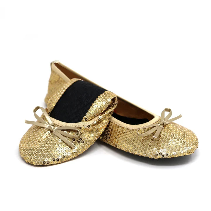 SILKY TOES 3 Pairs Folding Flats Shoes Slippers in Pouch Sz XL/9 Blk Gold Silver