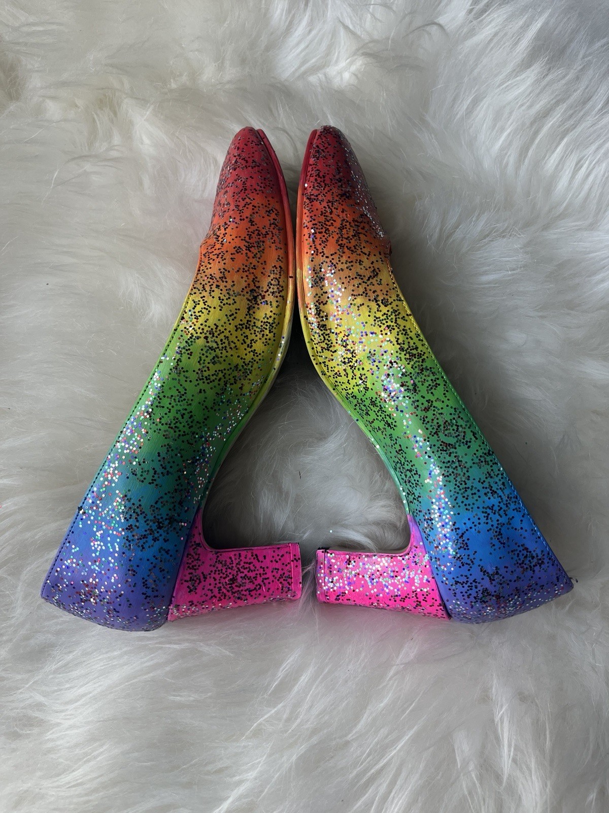 Upcycled Painted And Bedazzled Neon Rainbow Gradient Glitter Block Heels