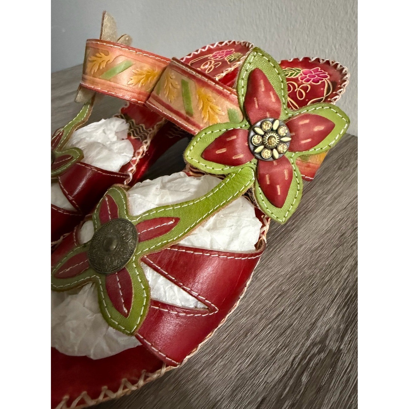 Elite By Corkys Poppy Sandals Heel Multicolor Floral Hand Art Design Women Sz 11