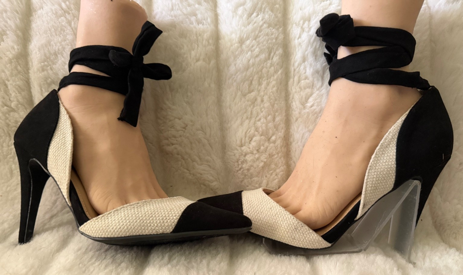 JUSTFAB SIZE 9 Ivory/Black Stiletto Textile Suede Faux Covered Heel Velvet Tie