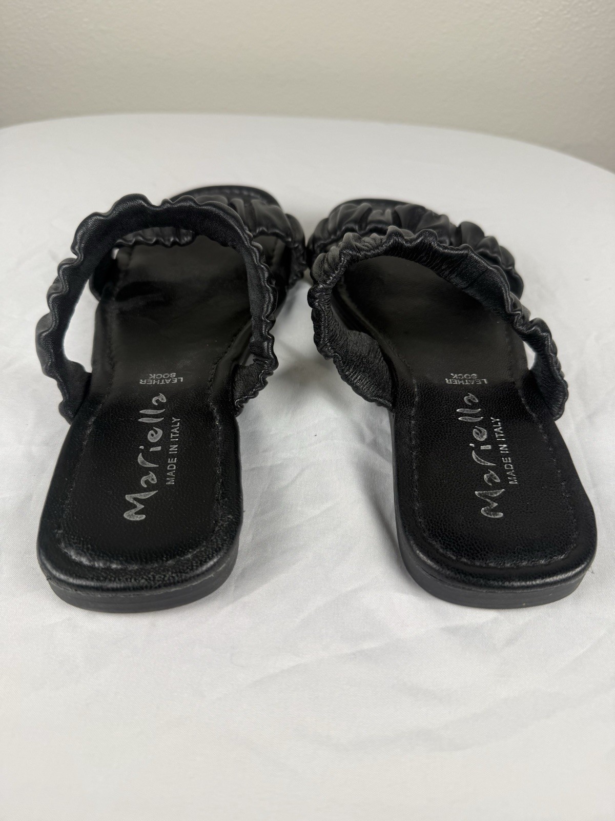 Mariella Italy Black Leather Ruched Slide Sandals Women’s Size 9 Flat Slip On