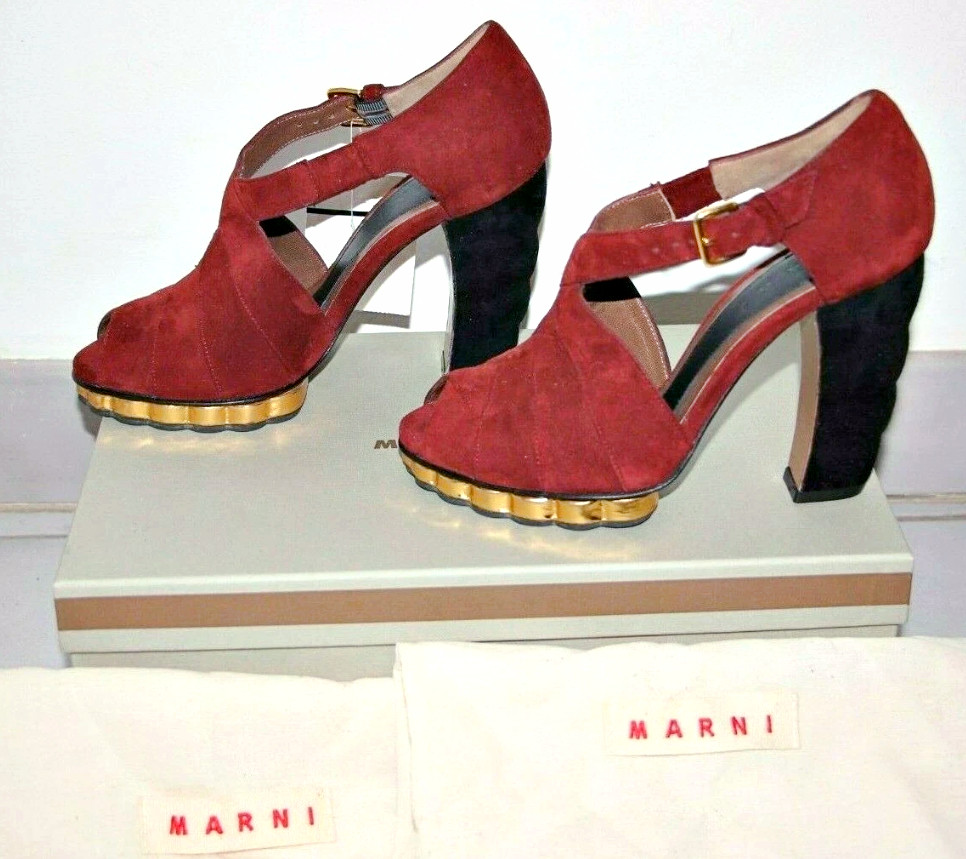 MARNI Sculptured Heels Gold Interwoven Platform Suede Sandal sz US 6/IT 36 $880