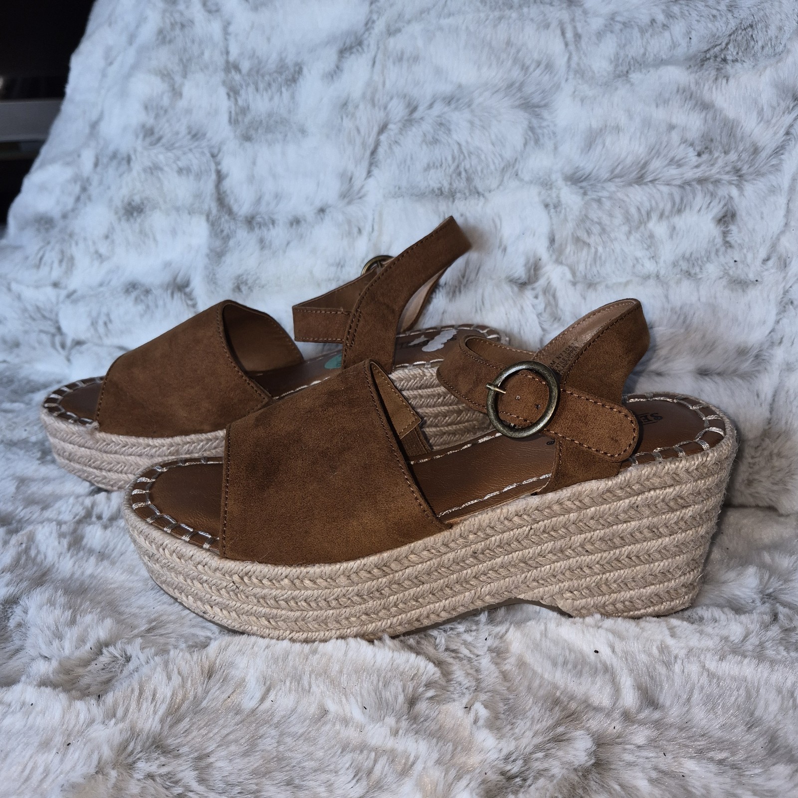 Seychelles Brown Suede Wedge Espadrille Sandals Ankle Strap Buckle US 7