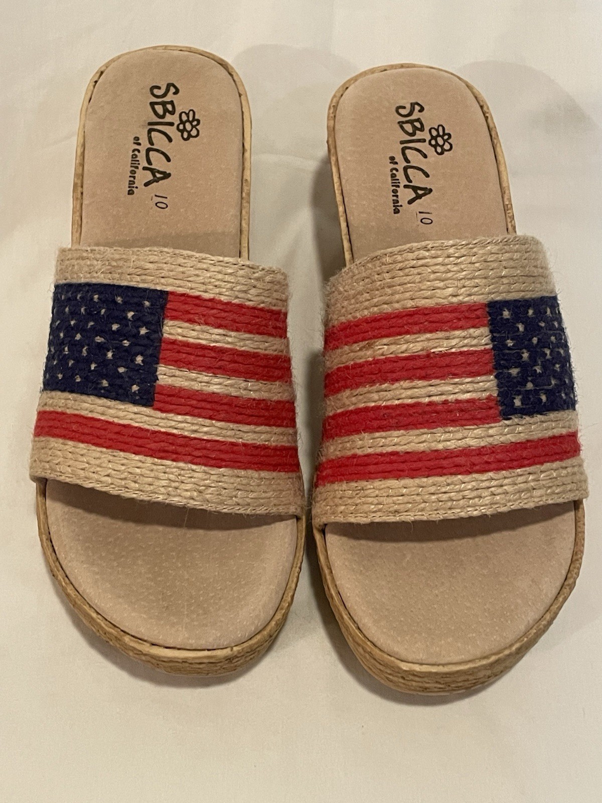 Sbicca Cali Size 10 American Flag Patriotic Platform Wedge Sandals Jute