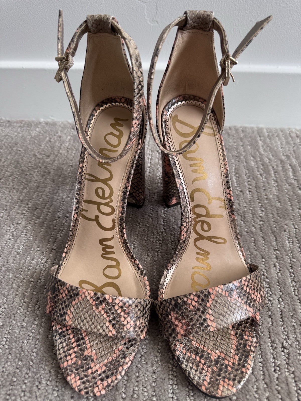 Sam Edelman Yaro Snake Print Block Heel Sandals Ankle Strap Pink Beige Size 9