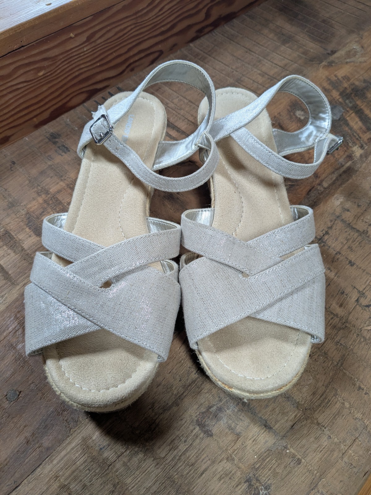 Lands’ End Espadrille Wedge Sandals, Silver Beech, Size 10