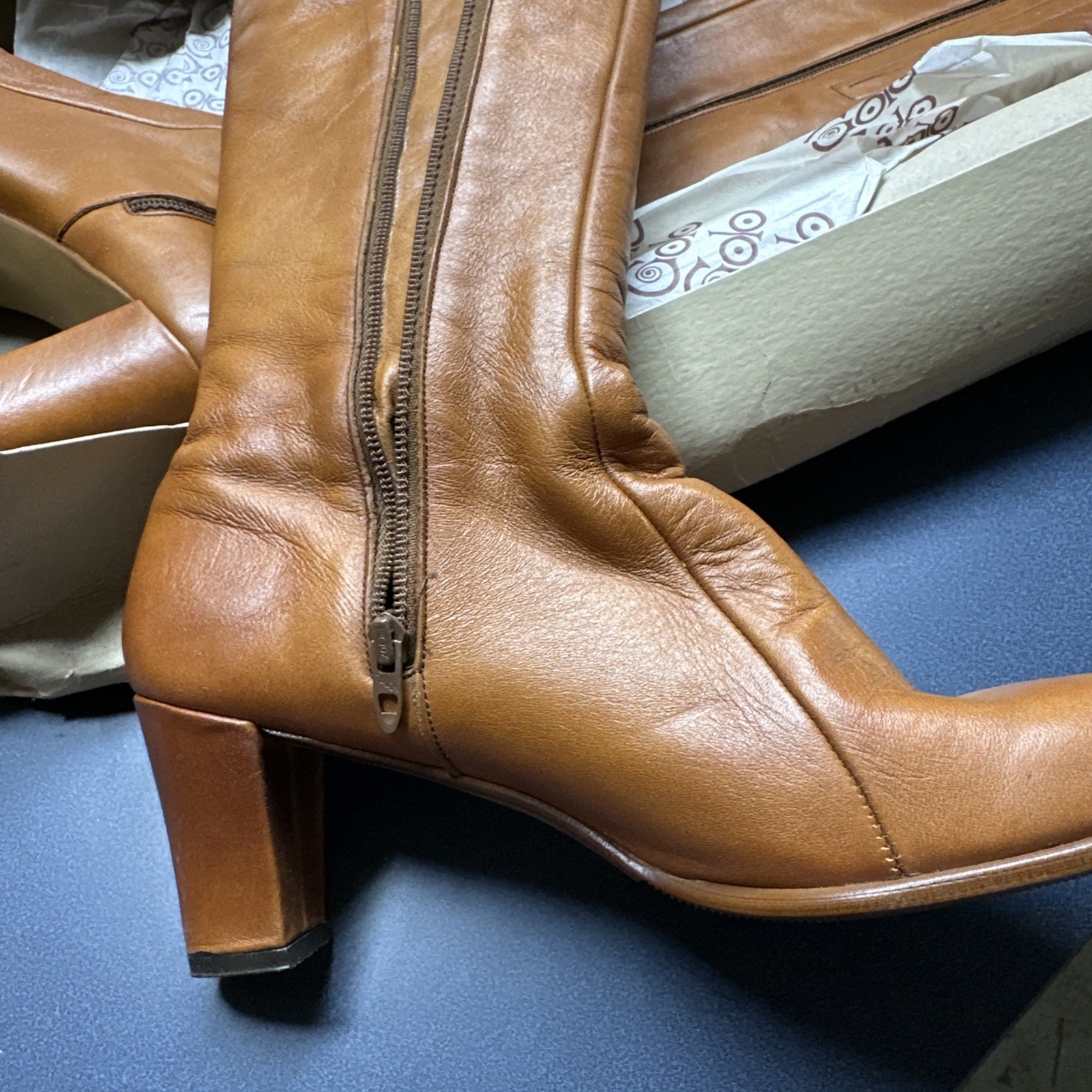 Vintage 70’s Golo Leather Knee High Boots Women 8 1/2 N Chunky Heel Salerno Box