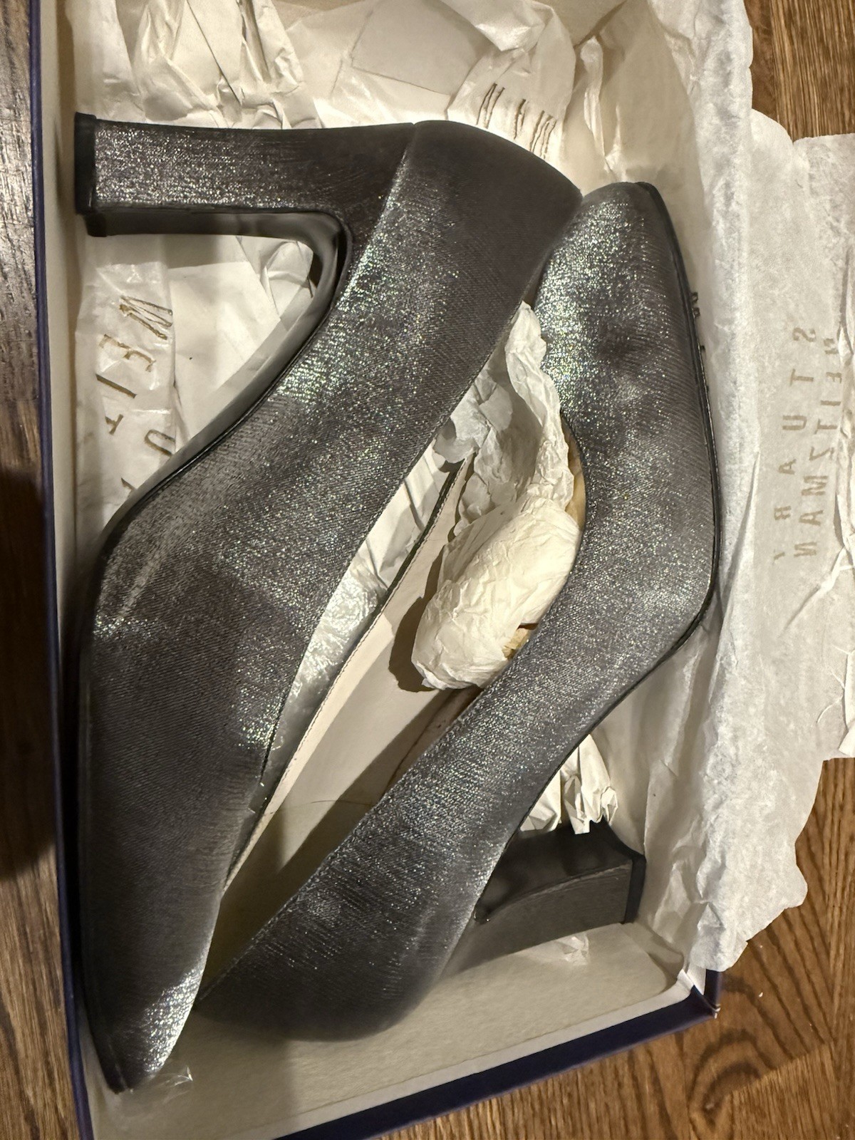 Stuart Weitzman Cana Pewter Square Toe Matte Shine Pumps 2.5” heel metallic