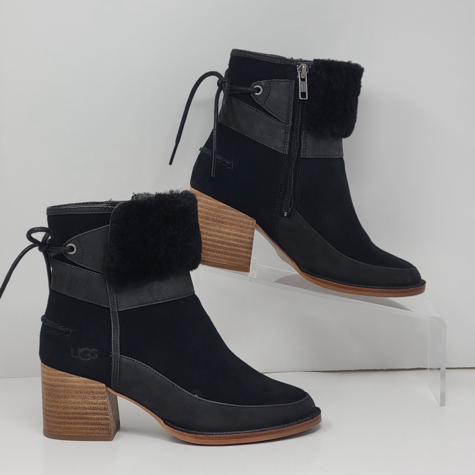 UGG Women’s Wedge Block Boots Lace Up Shearling Suede 1104863 Size 6 Pre-owned