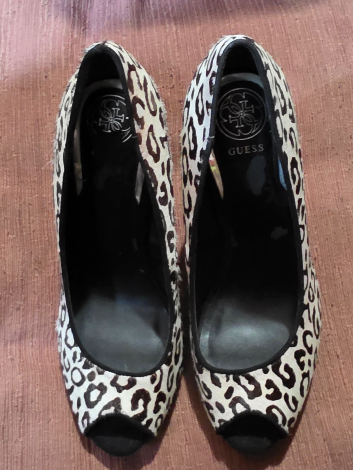 Guess Size 9 Women’s Honorayly White/Black Leopard Print Stilettos Heels
