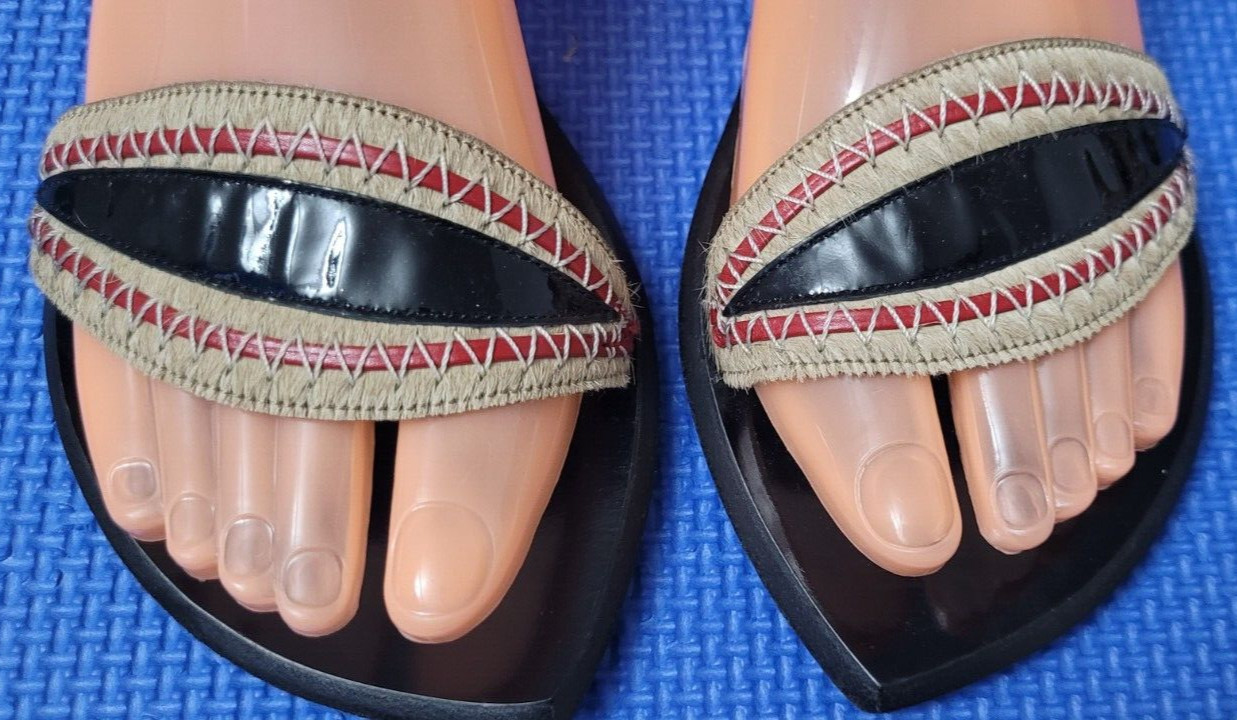 Robert Clergerie Flat Sandals Sz 6 Textile Leather Ankle Strap Black w/Beige Red
