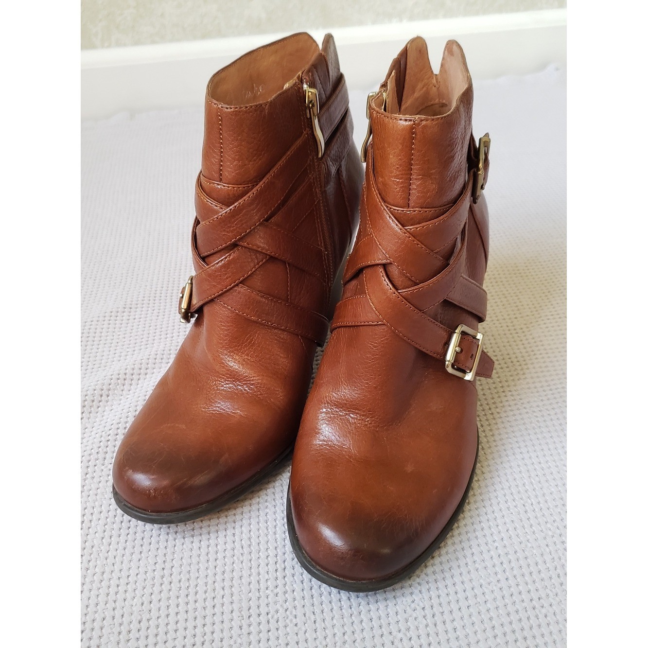 Nurture by Lamaze Cognac Brown Leather Ankle Booties with Buckle Straps