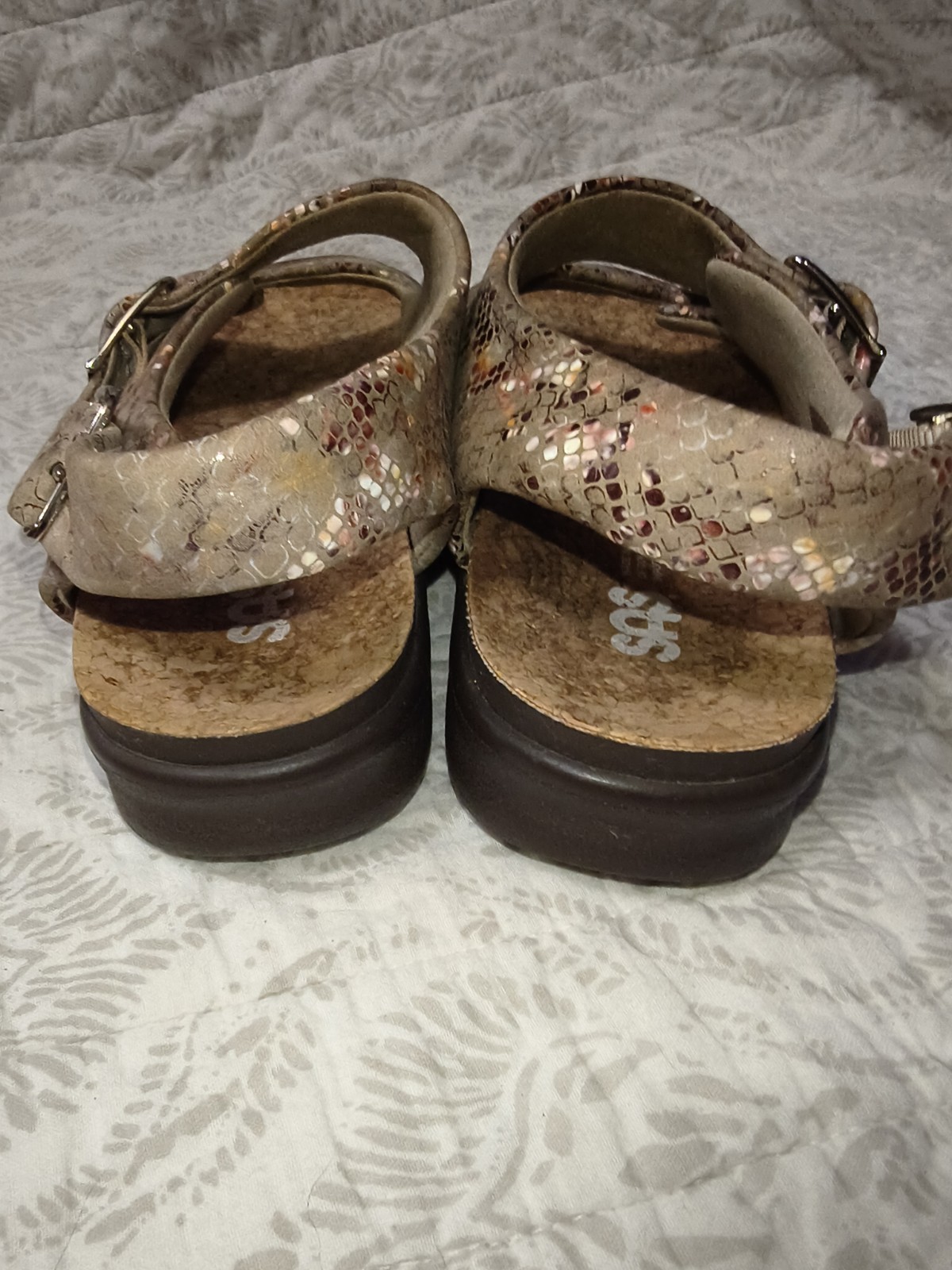 SAS Women’s Beige/Multicolor Snakeskin Leather Strappy Wedge Sandals Cork 7 M