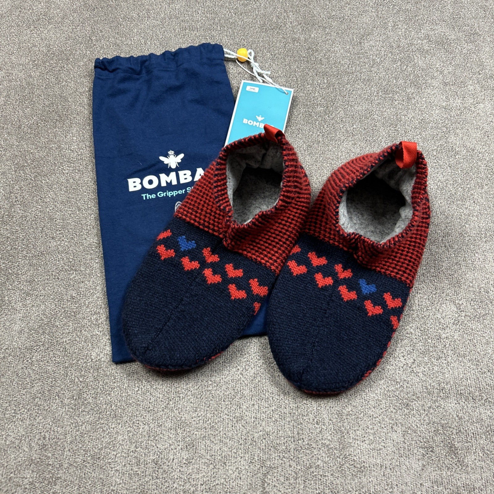 NWT Bombas The Gripper Slipper Socks Merino Knit Red Blue Large With Bag