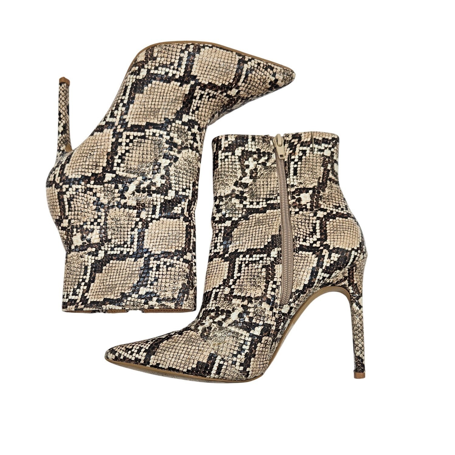 Express Snakeskin Print Pointed Toe 4.25″ Stiletto Ankle Boots Tan & Brown Sz 8