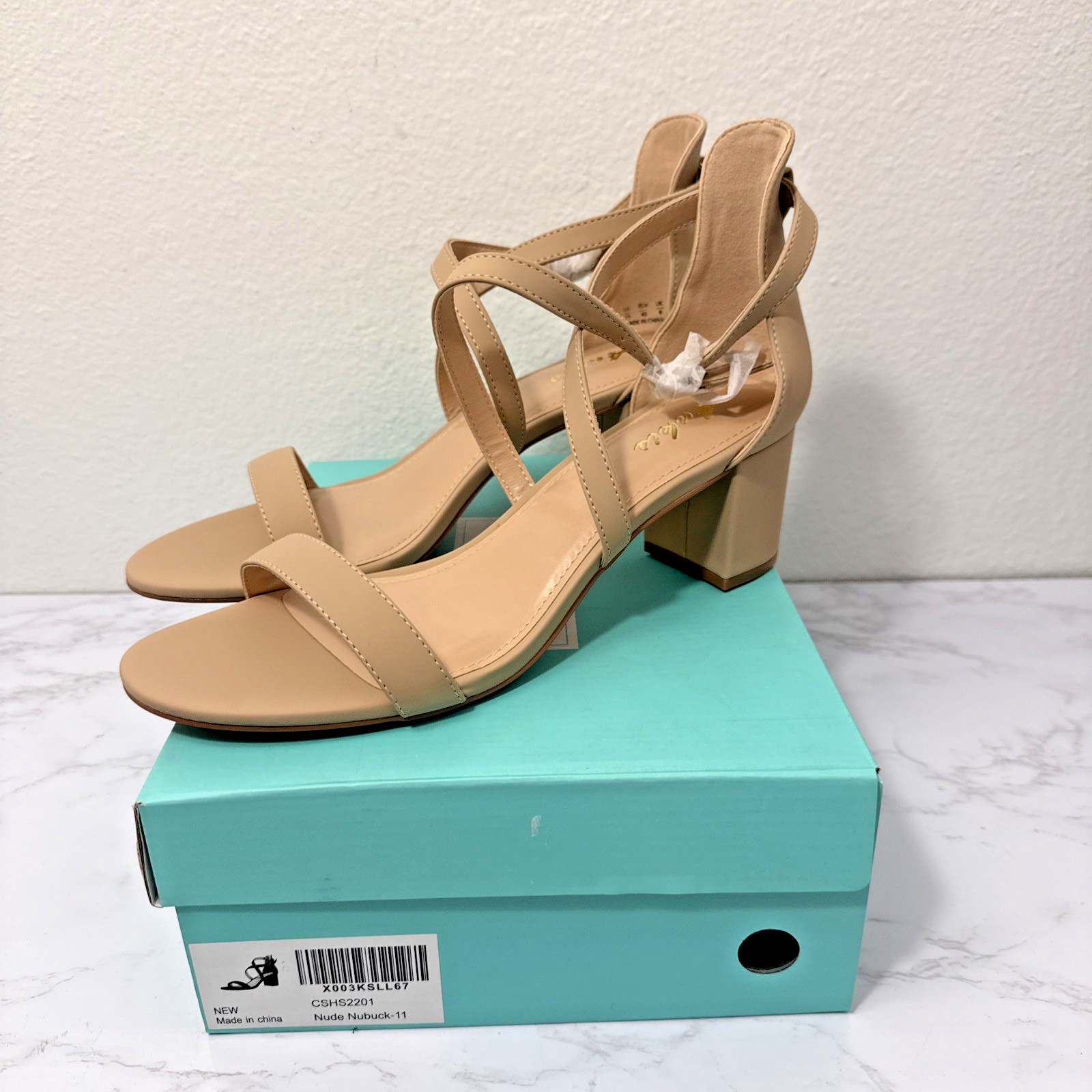 Ankis Size 11 Nude Nubuck Strappy Block Heel Sandals 2.25in Open Toe Buckle