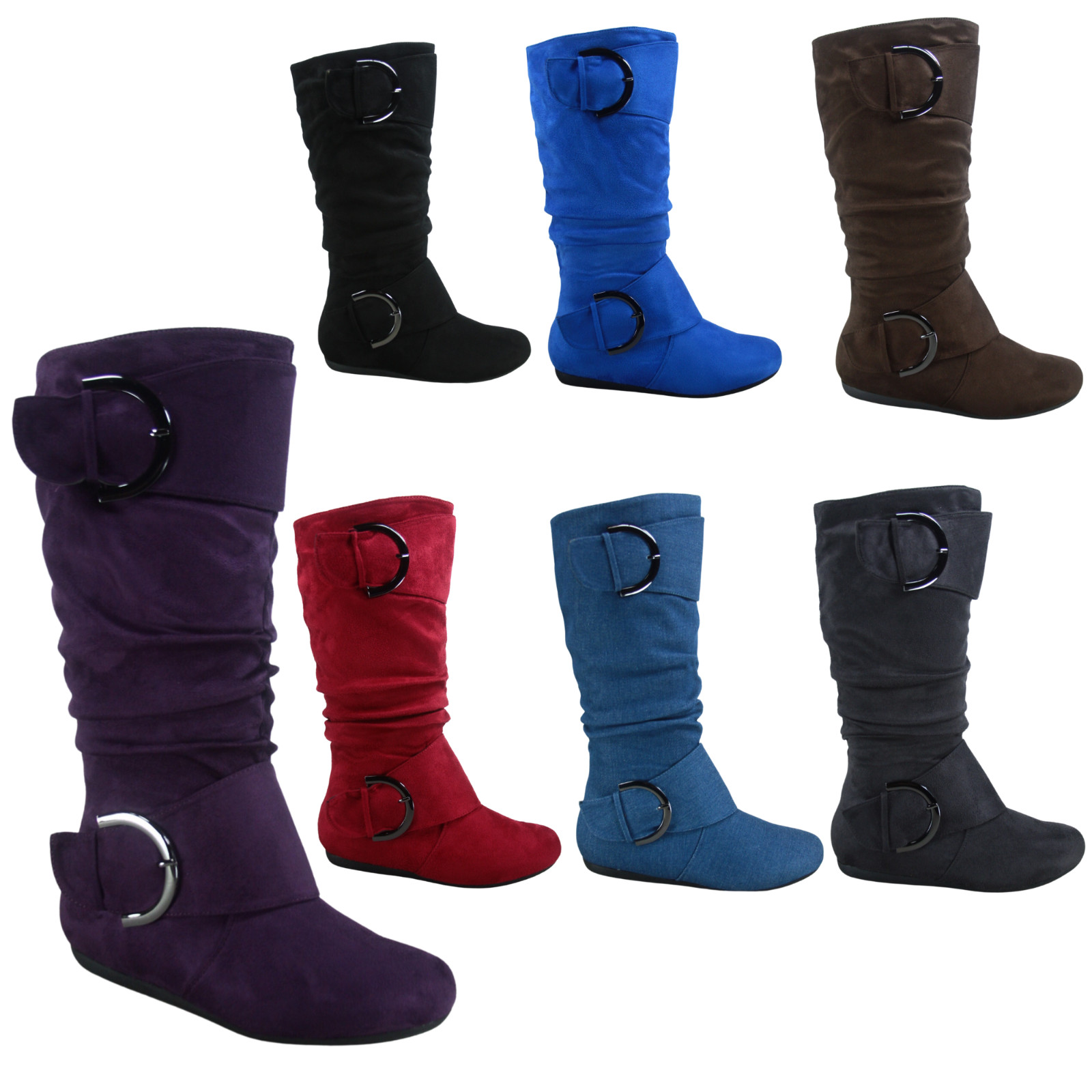 Women’s Flat Heel Buckle Side Zip Wide Calf Mid Calf Round Toe Boots Shoes NEW