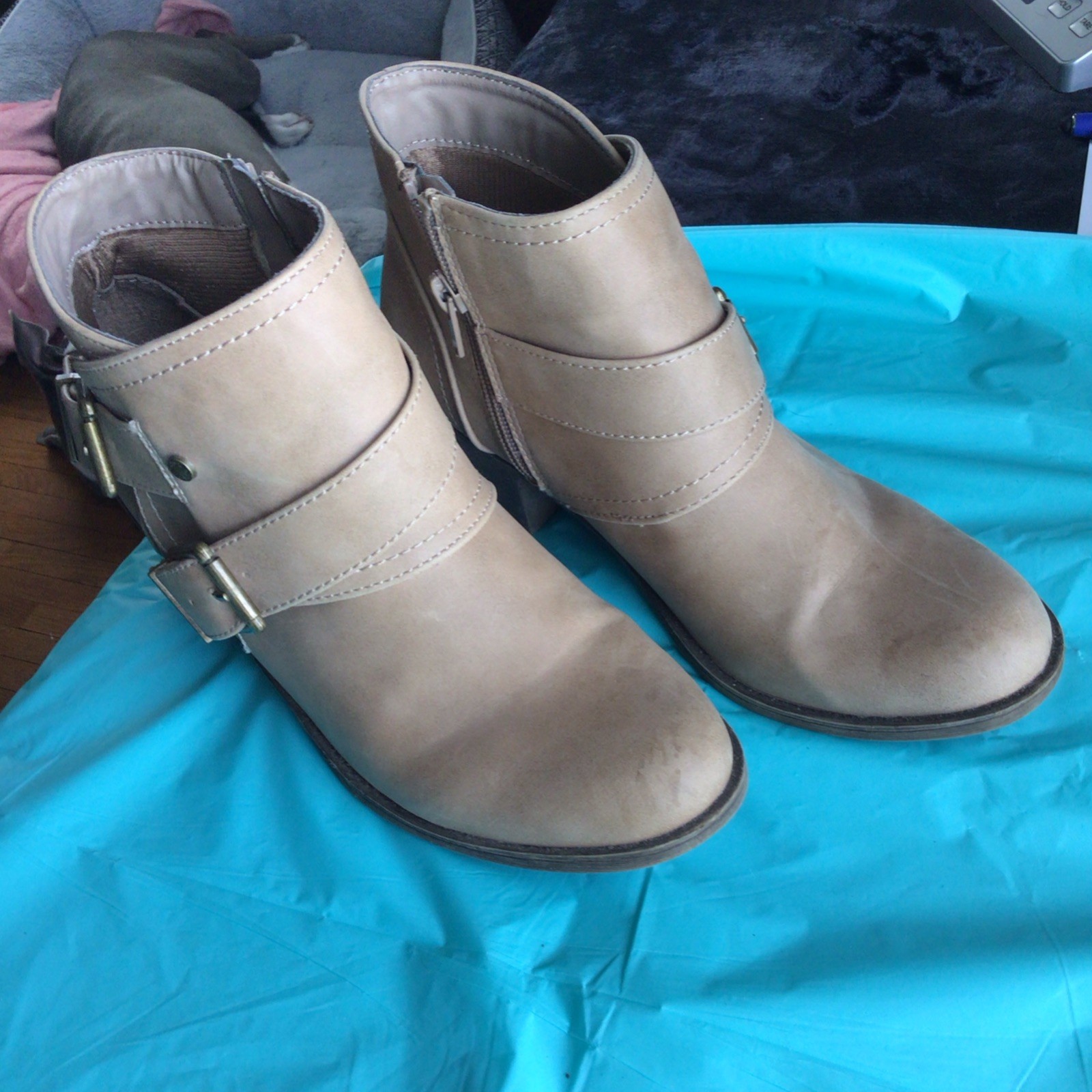 Boho western style Beige Ankle Booties Buckle Zipper Man Made Leather