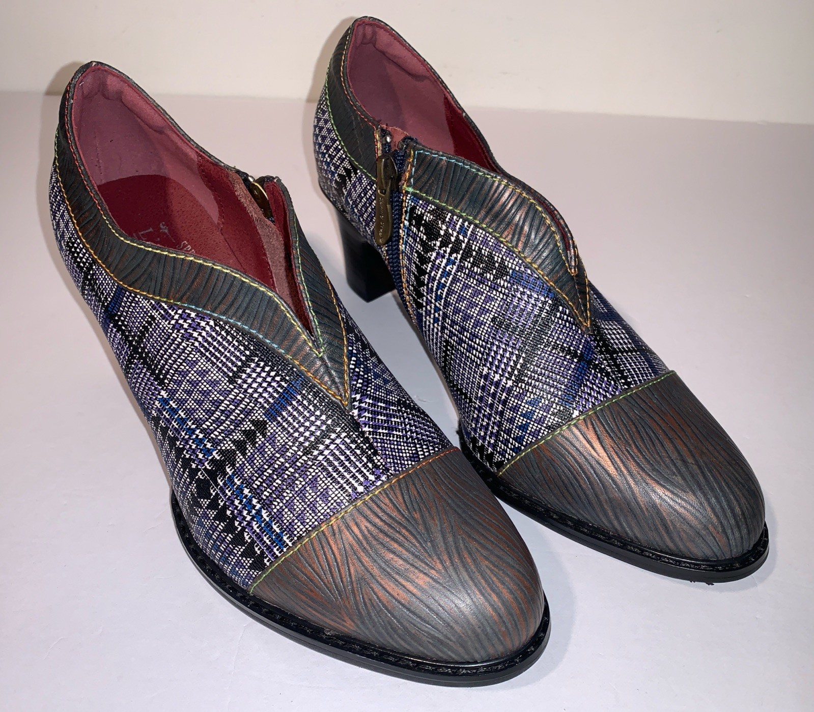 L’Artiste MAZOYA Spring Step BROWN MULTI w/Plaid Ankle BOOTS Size EU 38