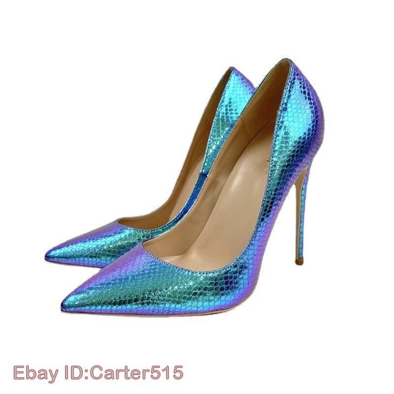 Sexy Lady Faux Leather High Heels Blue Hologram Iridescent Light Color Shoes