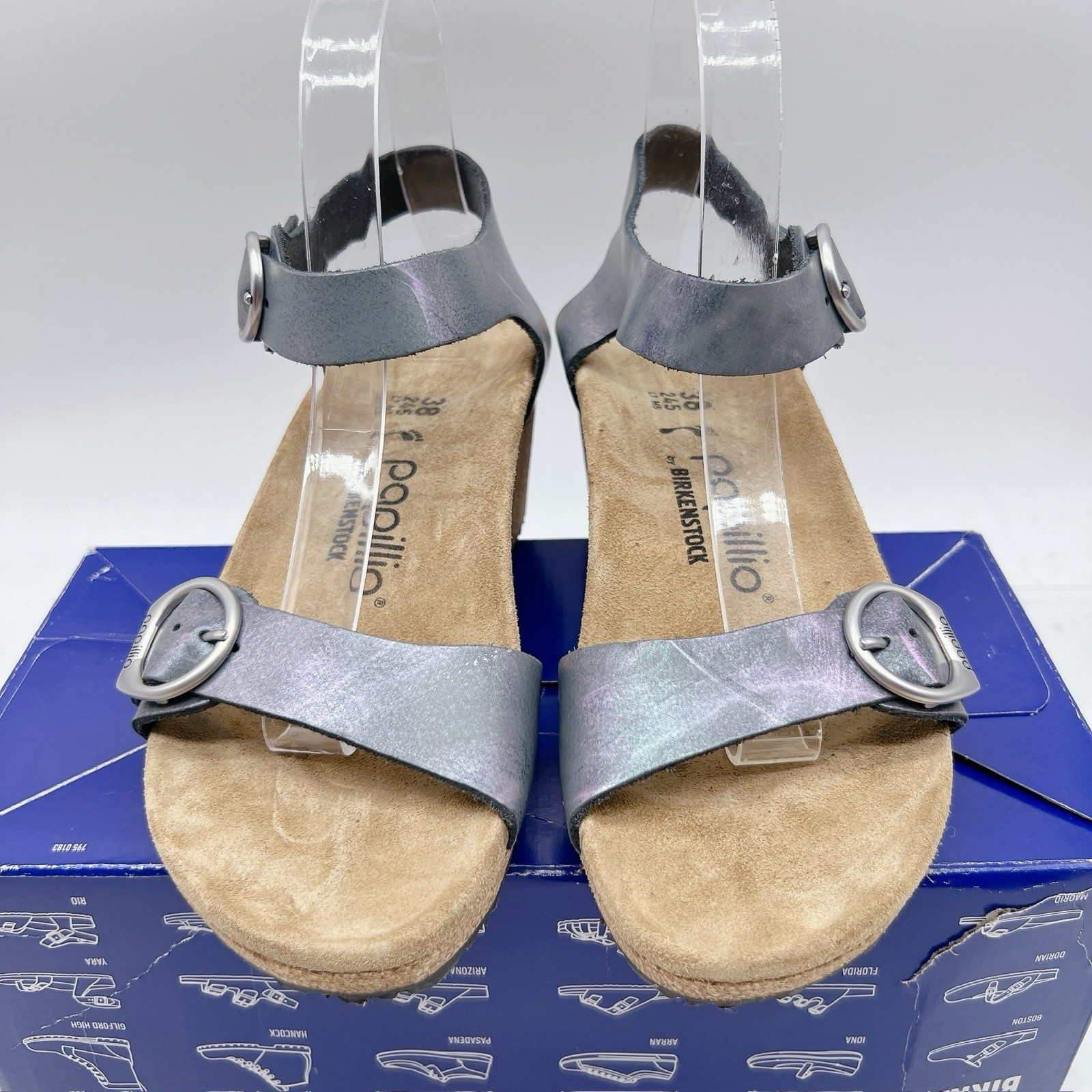Birkenstock Papillio Soley Ring Buckle Sandal Metallic Black Wedge EU 38