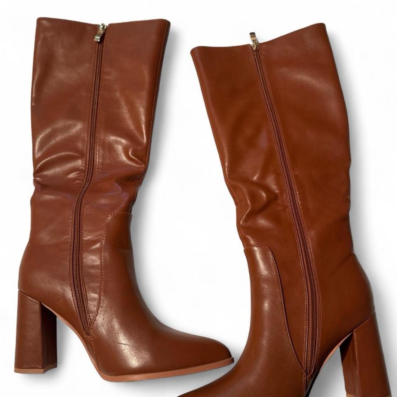 Women’s Brown Knee High Block Heel Boots Faux Leather Side Zip Size 38