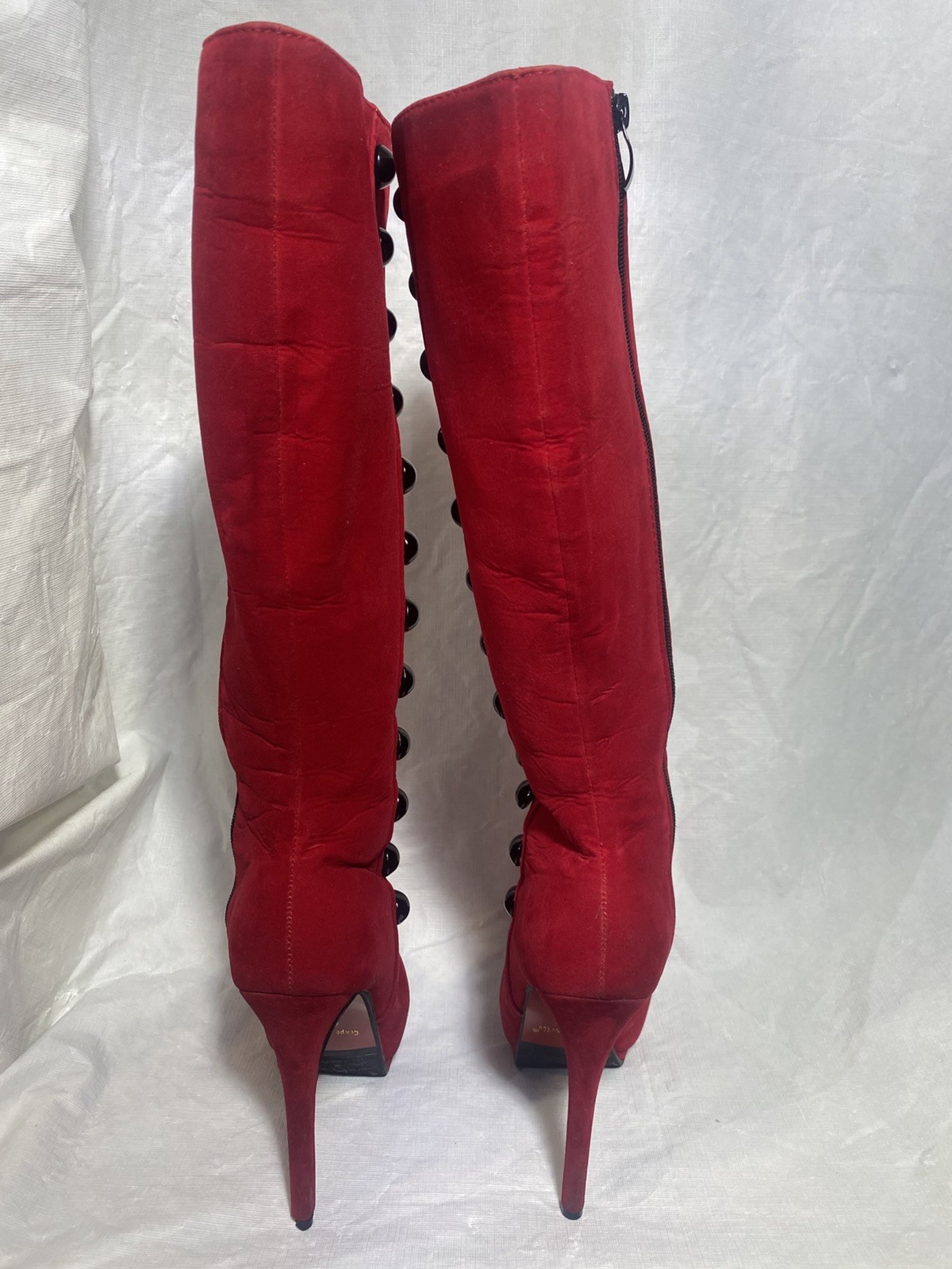 Highest Heel Women’s Red Knee High Rhinestone Boots, Pointed Toe Zip size 37/6.5