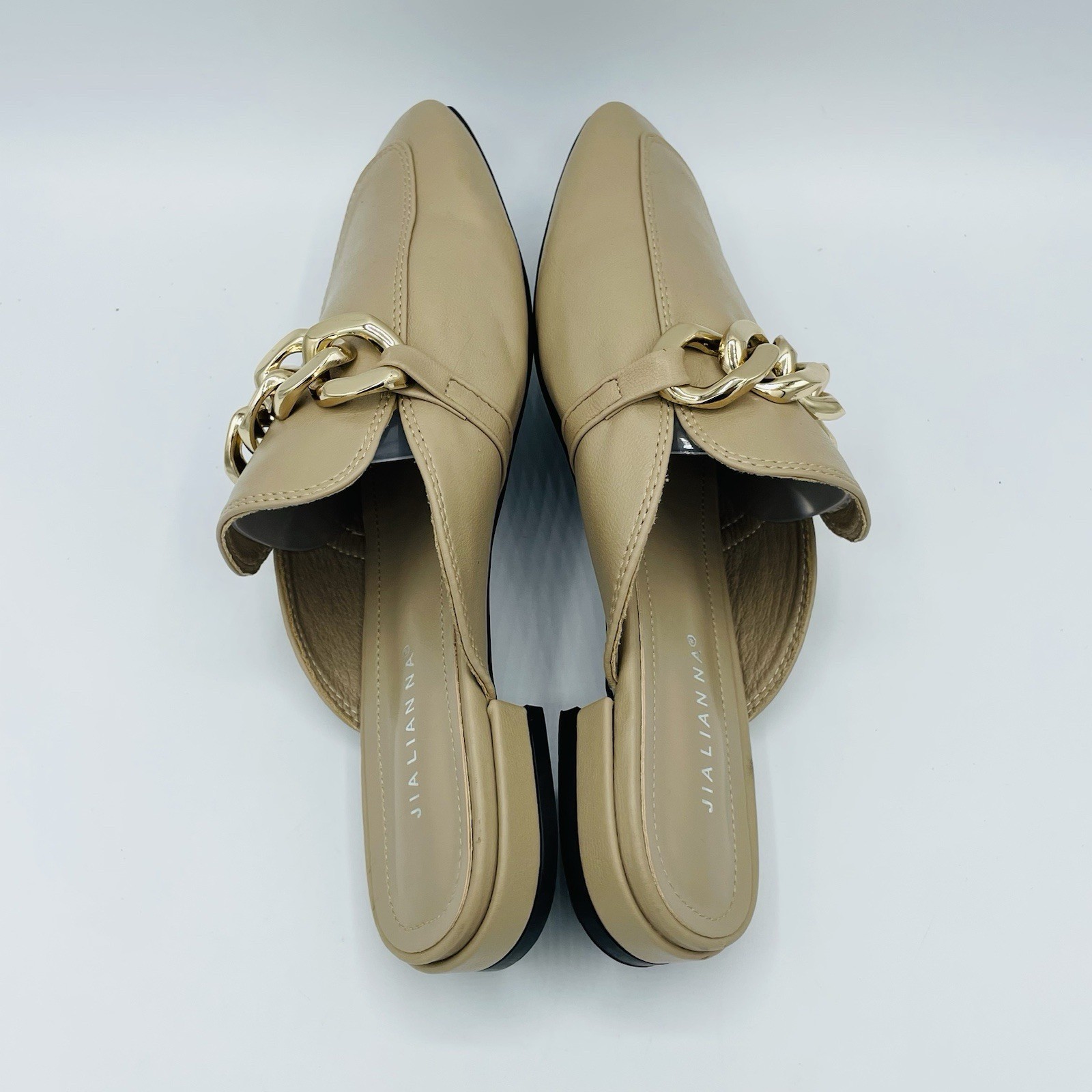JiaLianNa Shoes Womens Size 7.5 Beige Brown Comfort Mules Heels Gold Chain Slip